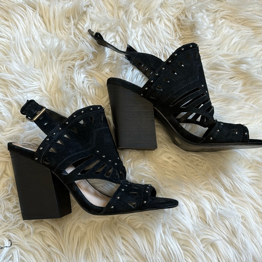 Vince Camuto black suede heels sandals 7.5 worn once cut out details So Nice!